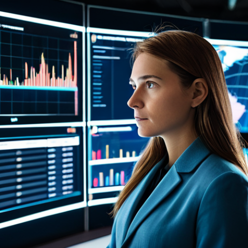 A focused professional, gender-neutral, wearing a modest business casual outfit, meticulously analyzing a holographic display showing complex game strategy data and financial charts. The scene is set in a clean, modern, and high-tech office environment, with digital interfaces and glowing data streams in the background. The individual has a serious, contemplative expression. High-resolution, professional photography, soft studio lighting. perfect anatomy, correct proportions, natural pose, well-formed hands, proper finger count, natural body proportions. fully clothed, appropriate attire, modest clothing, safe for work, appropriate content, family-friendly.