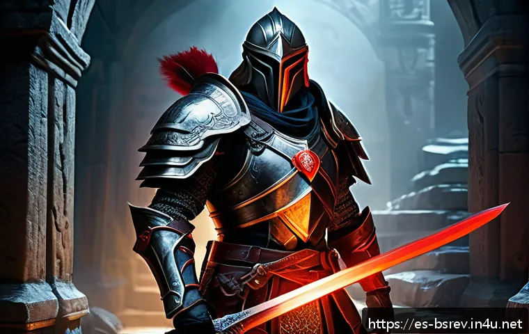 블레이드소울 레볼루션 보패 세팅 방법 - A dynamic fantasy RPG warrior in heavy reinforced armor with vibrant red accents, wielding a massive...