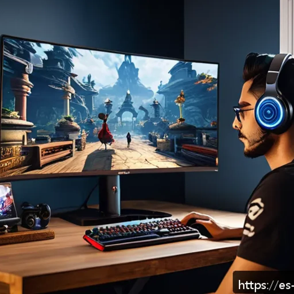 블레이드소울 레볼루션 최적 사양 PC 설정 - A detailed gaming setup scene featuring a mid-range PC gamer in a cozy room in Spain, with a sleek d...