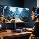 블레이드소울 레볼루션 최적 사양 PC 설정 - A detailed gaming setup scene featuring a mid-range PC gamer in a cozy room in Spain, with a sleek d...