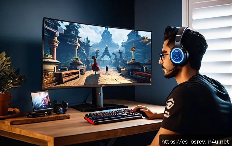 블레이드소울 레볼루션 최적 사양 PC 설정 - A detailed gaming setup scene featuring a mid-range PC gamer in a cozy room in Spain, with a sleek d...